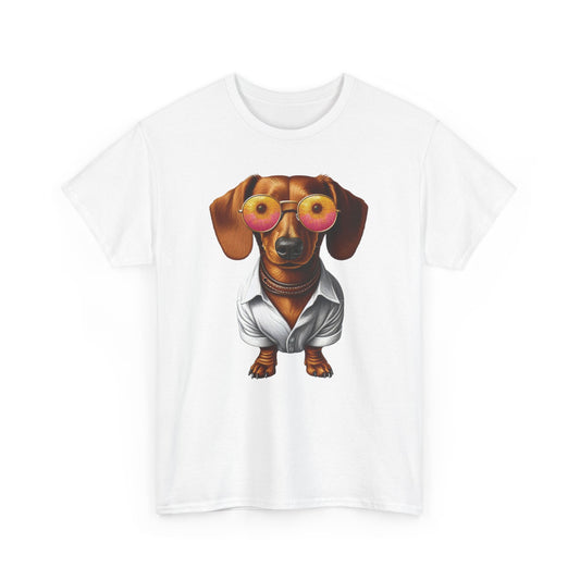 a white T-shirt featuring a humorous Dachshund design. The shirt shows a cute sausage dog wearing sunglasses and a button-down shirt, perfect for Dachshund lovers and dog enthusiasts. Ideal for casual wear or as a funny gift for dog owners.