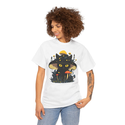 Black Cat Mushroom T-Shirt - Cottagecore Graphic Tee for Cat Lovers