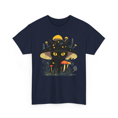 Black Cat Mushroom T-Shirt - Cottagecore Graphic Tee for Cat Lovers