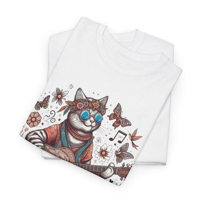 Hippie Cat Playing Guitar T-Shirt – Fun Graphic Tee for Music & Cat Lovers