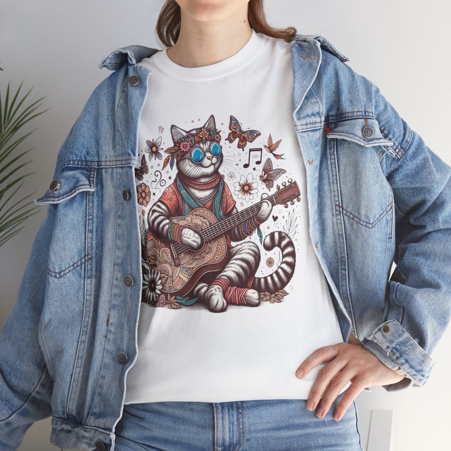 Hippie Cat Playing Guitar T-Shirt – Fun Graphic Tee for Music & Cat Lovers