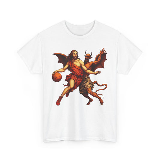 Jesus vs Devil Basketball T-Shirt – Funny Graphic Tee for Basketball Fans