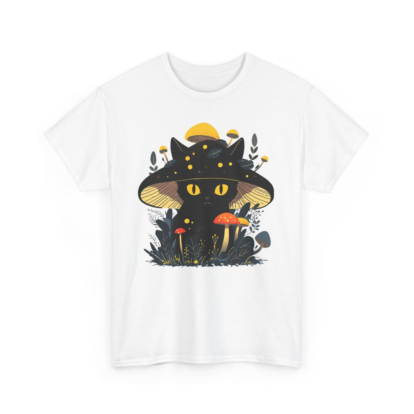 a white T-shirt with a whimsical design of a black cat wearing a mushroom cap surrounded by colorful fungi. Perfect for cat lovers, cottagecore enthusiasts, and anyone seeking a unique, aesthetic shirt.