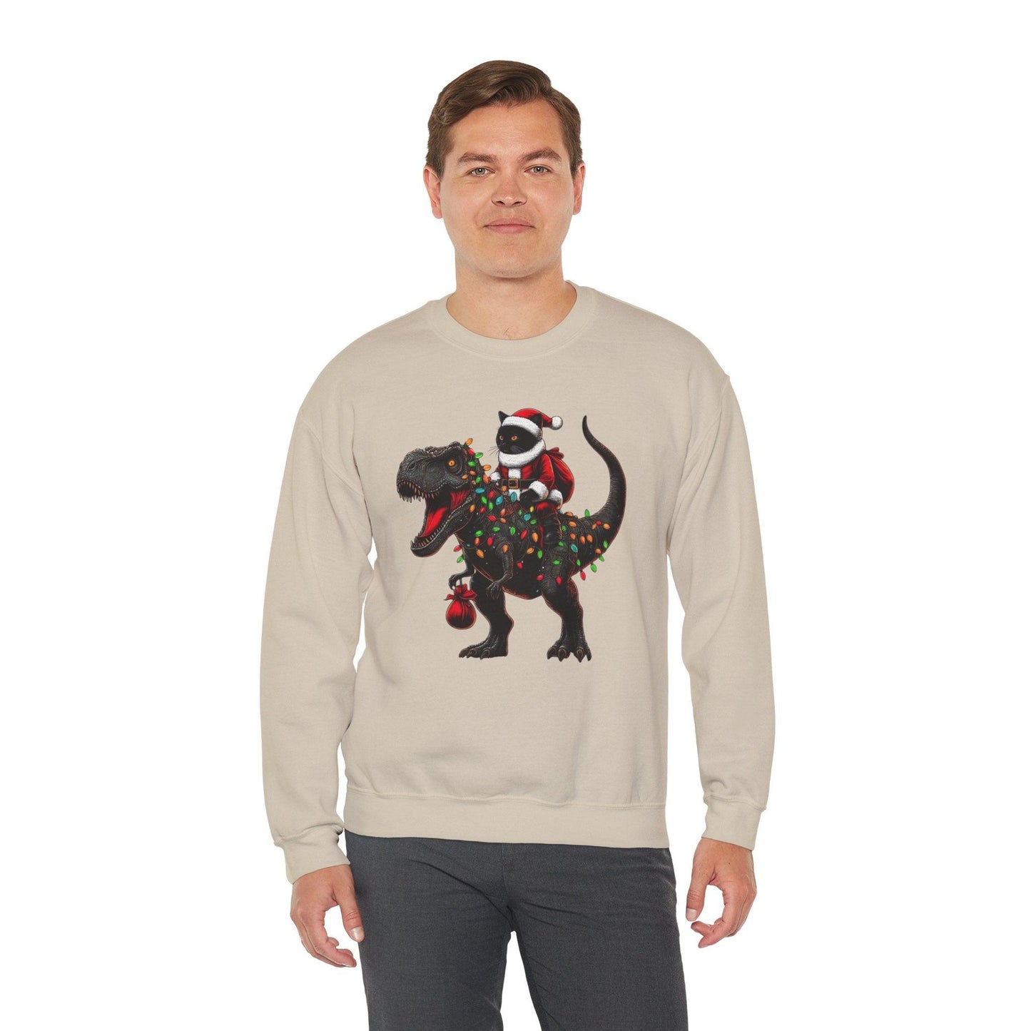 Black Cat Santa T-Rex Sweatshirt | Funny Christmas Dinosaur Sweater - Stylfer