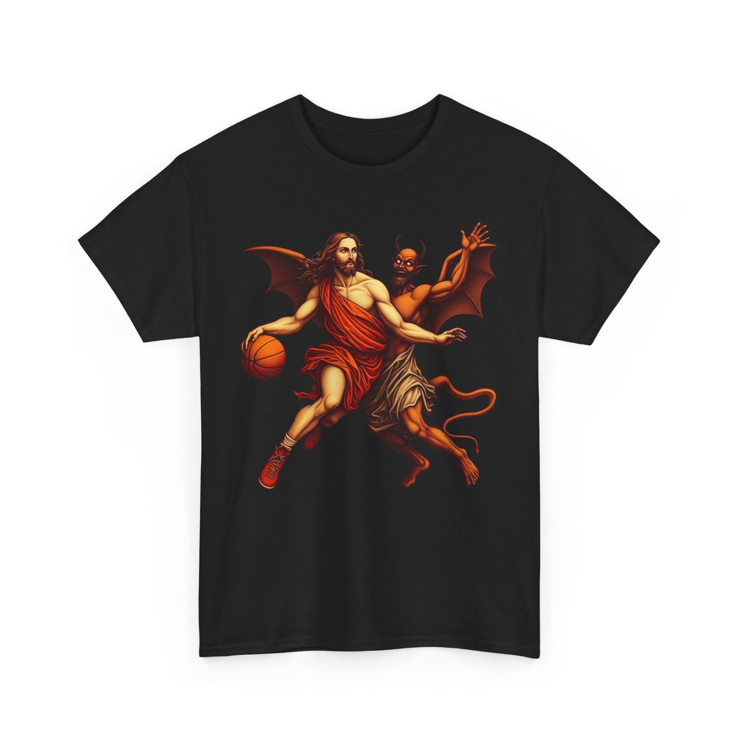 Jesus vs Devil Basketball T-Shirt – Funny Graphic Tee for Basketball Fans