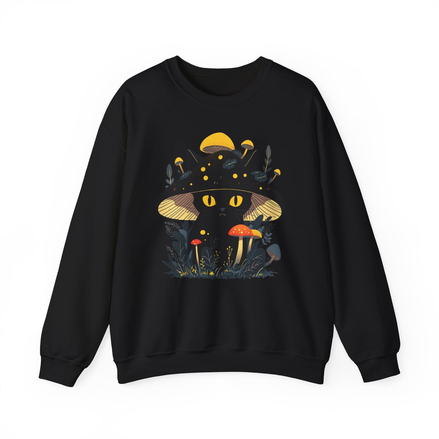 Black Cat Mushroom Sweatshirt - Cozy Cottagecore Cat Mom Top