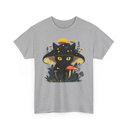 Black Cat Mushroom T-Shirt - Cottagecore Graphic Tee for Cat Lovers