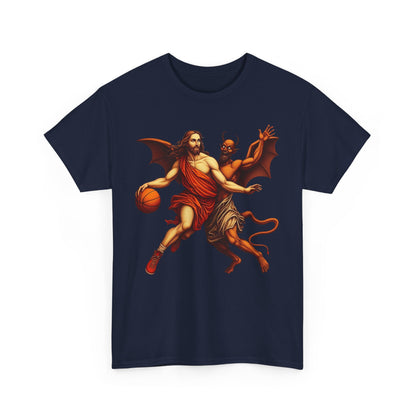 Jesus vs Devil Basketball T-Shirt – Funny Graphic Tee for Basketball Fans