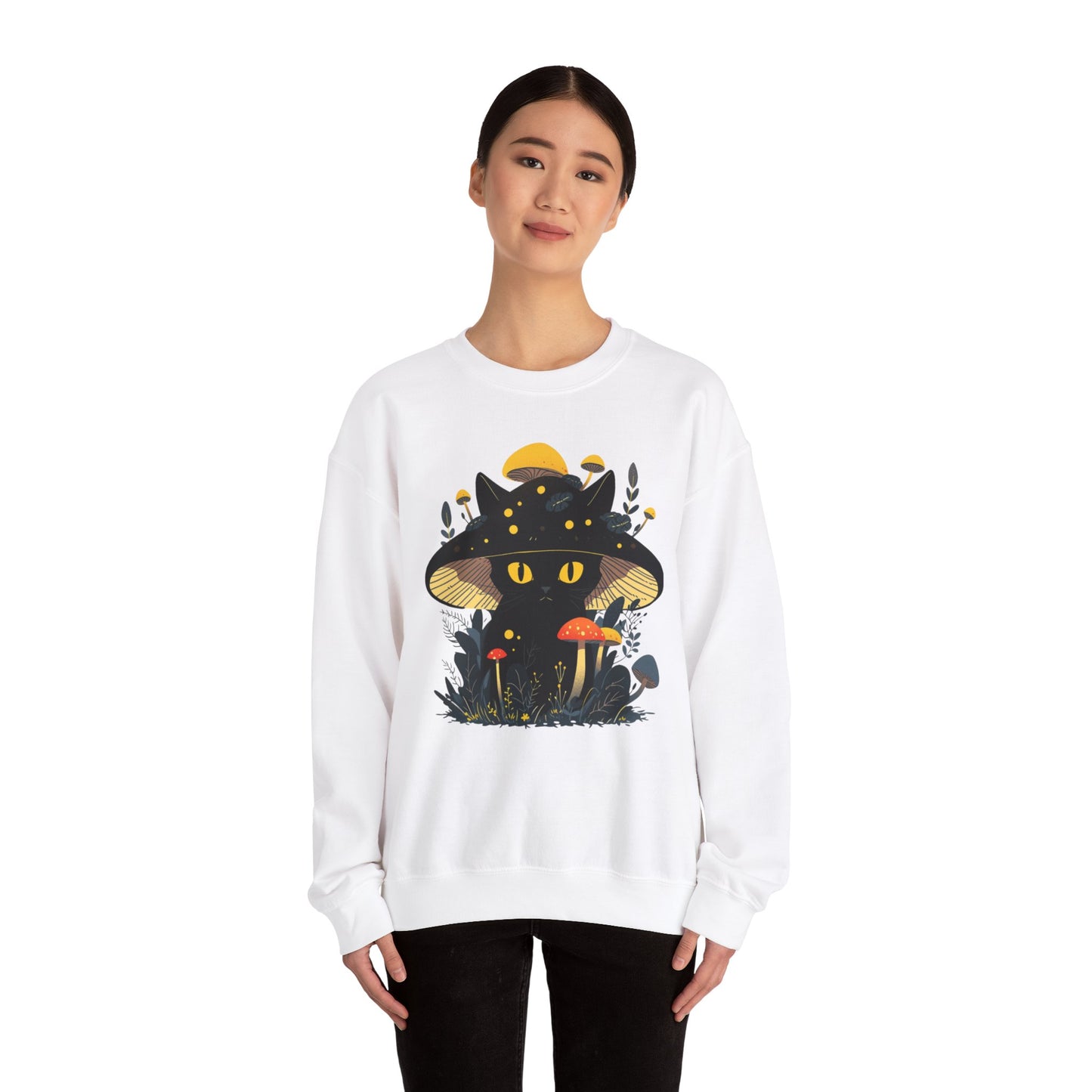 Black Cat Mushroom Sweatshirt - Cozy Cottagecore Cat Mom Top