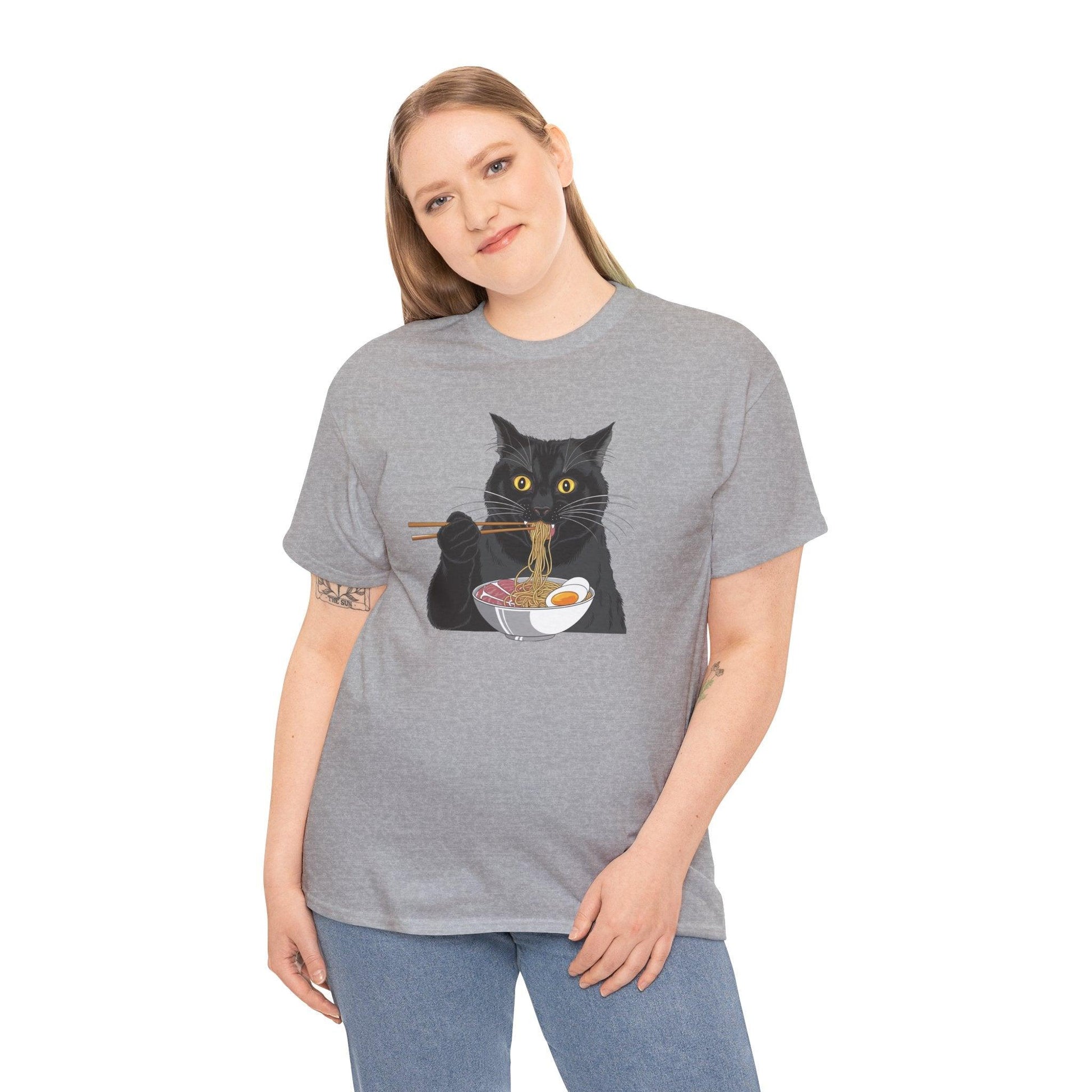 Funny Black Cat Eating Ramen T-Shirt – Cute Kawaii Japanese Tee - Stylfer