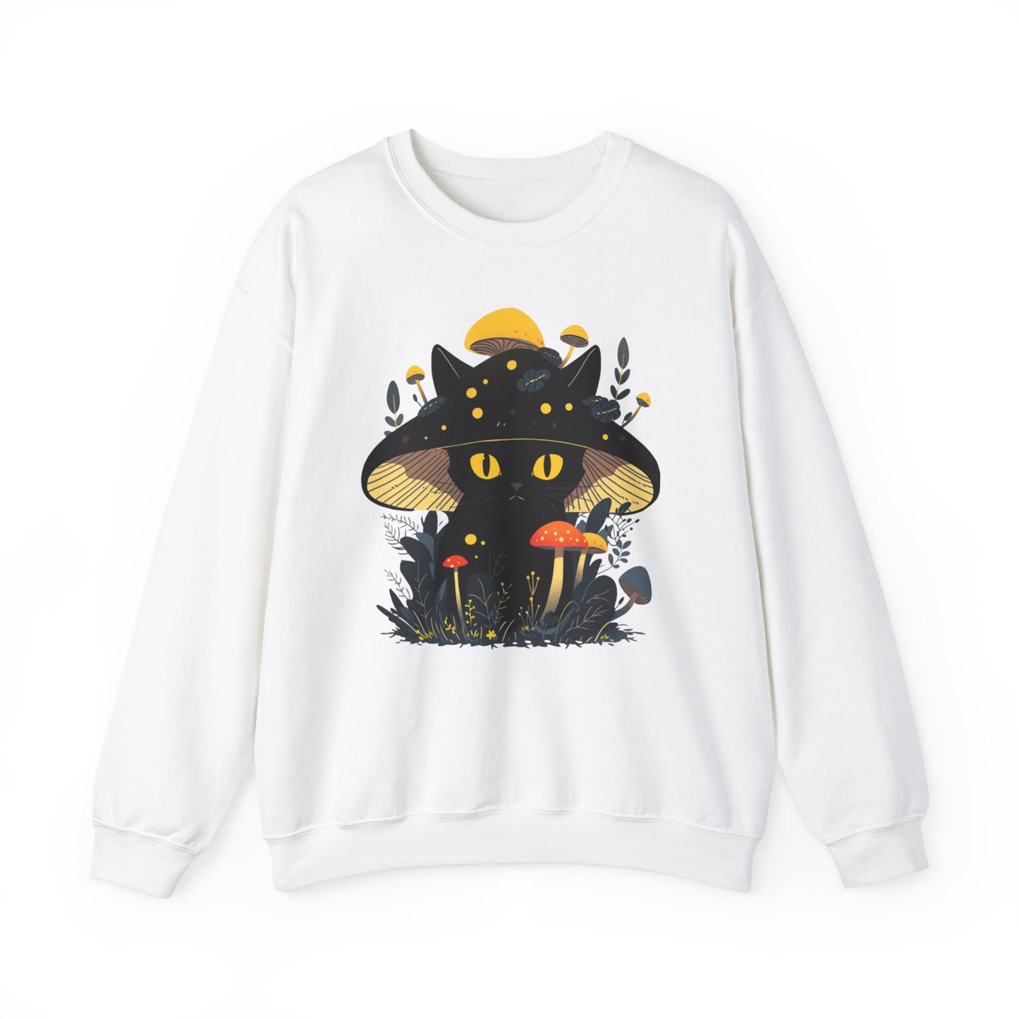 a White Sand sweatshirt showcasing a black cat under a mushroom cap surrounded by vibrant plants and fungi. A cozy option for cottagecore fans, cat lovers, and those who enjoy nature-inspired designs.