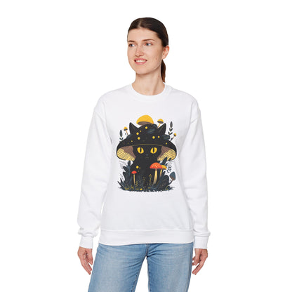 Black Cat Mushroom Sweatshirt - Cozy Cottagecore Cat Mom Top