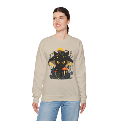 Black Cat Mushroom Sweatshirt - Cozy Cottagecore Cat Mom Top