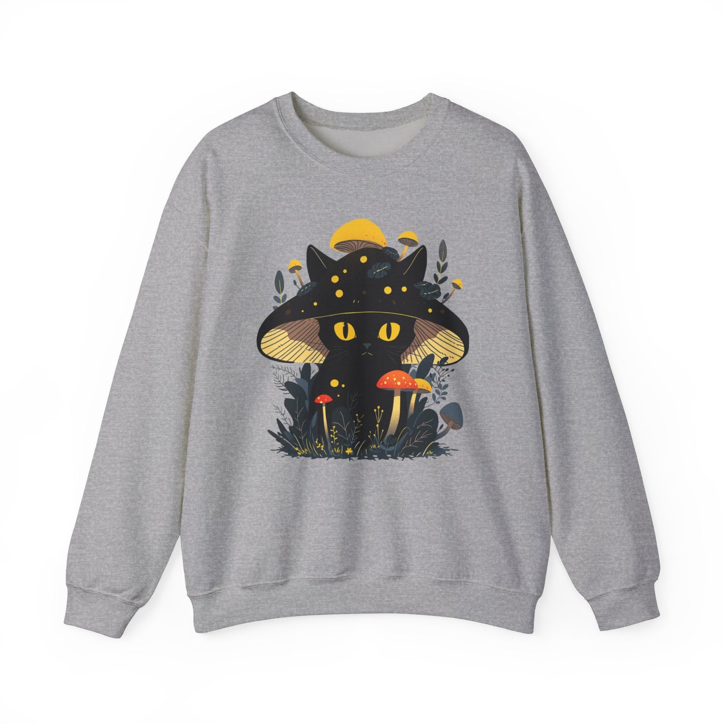 Black Cat Mushroom Sweatshirt - Cozy Cottagecore Cat Mom Top