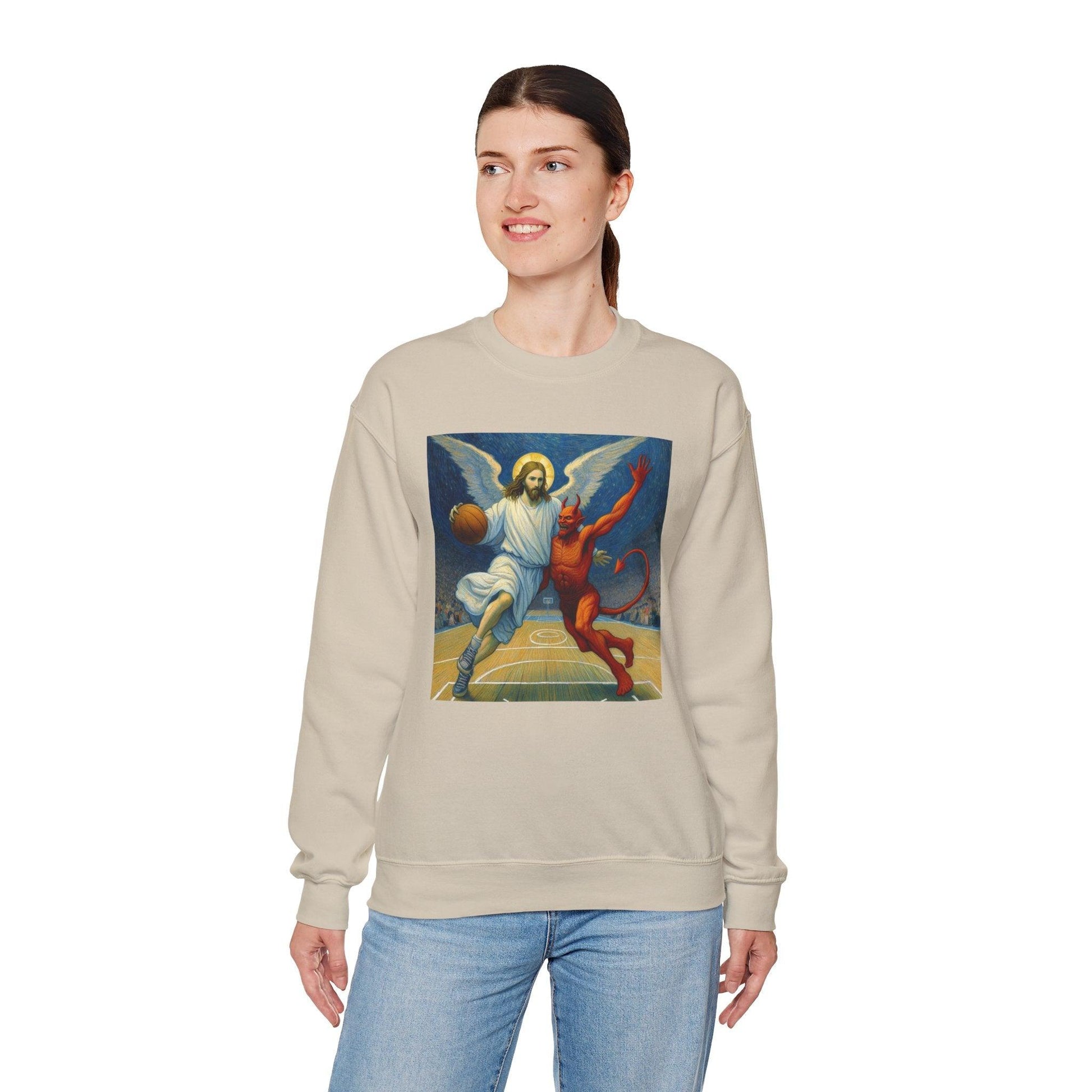 Jesus Vs Satan Basketball Sweatshirt | Faith-Inspired Sports Pullover - Stylfer