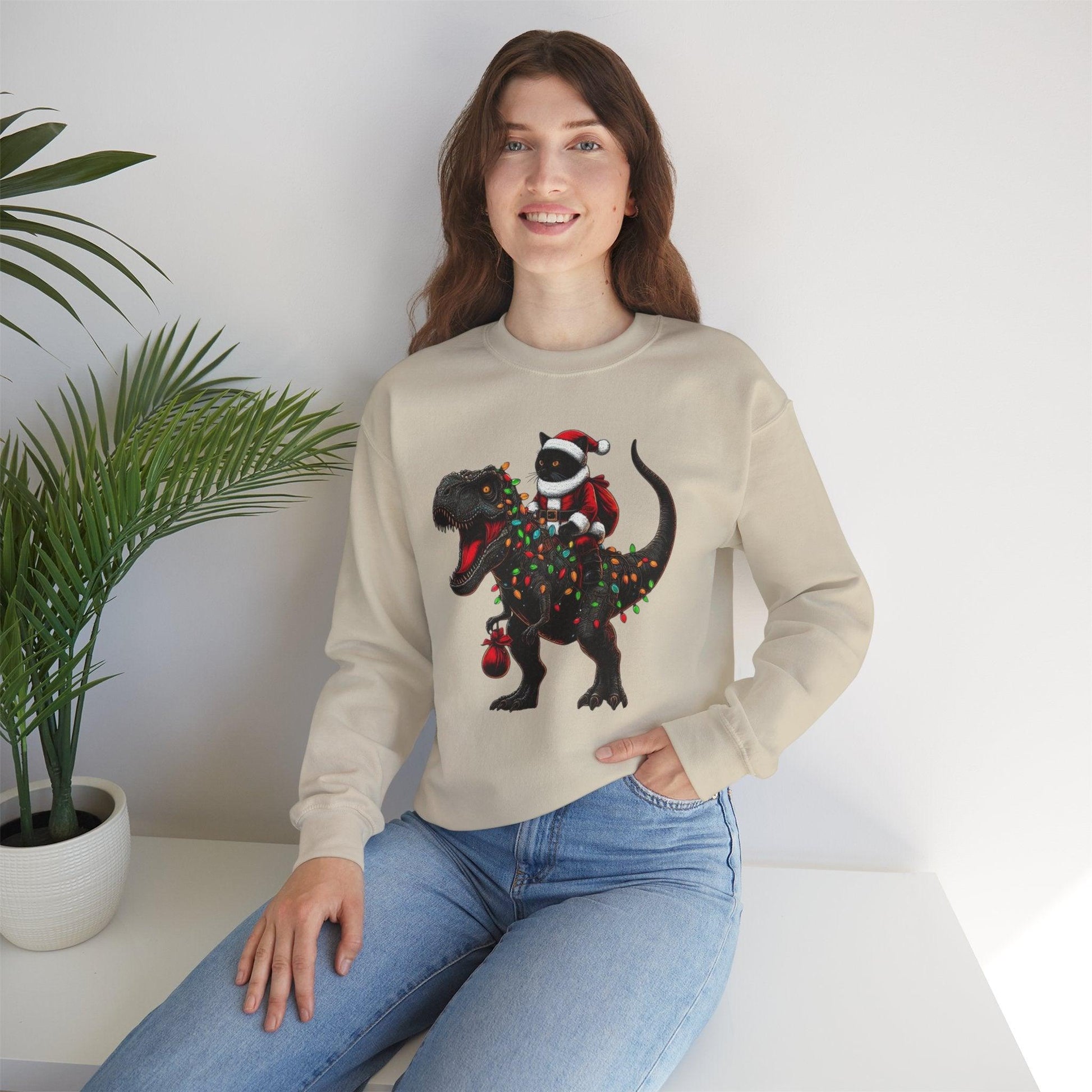 Black Cat Santa T-Rex Sweatshirt | Funny Christmas Dinosaur Sweater - Stylfer