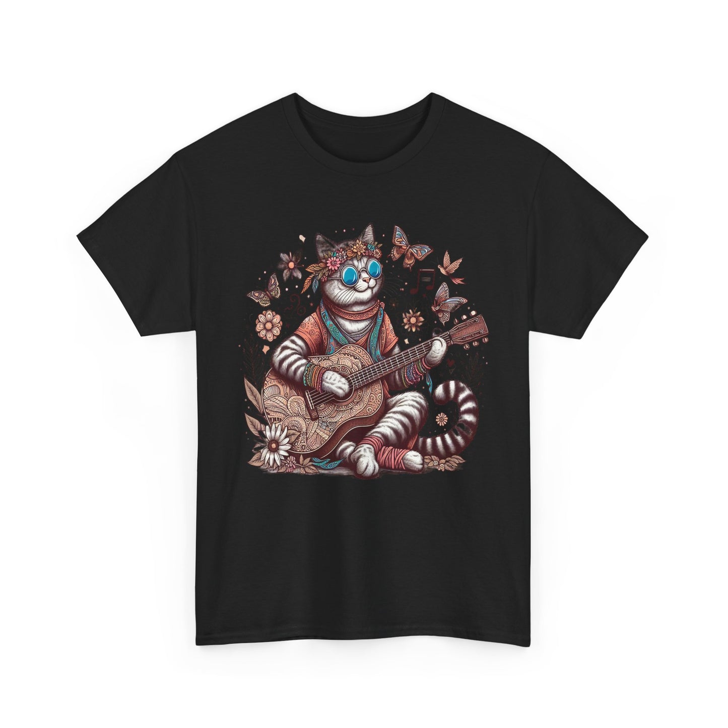 Hippie Cat Playing Guitar T-Shirt – Fun Graphic Tee for Music & Cat Lovers