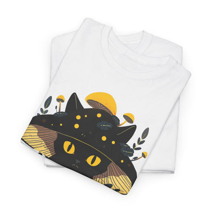 Black Cat Mushroom T-Shirt - Cottagecore Graphic Tee for Cat Lovers