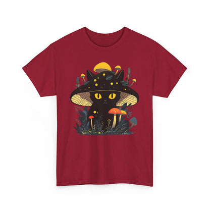 Black Cat Mushroom T-Shirt - Cottagecore Graphic Tee for Cat Lovers