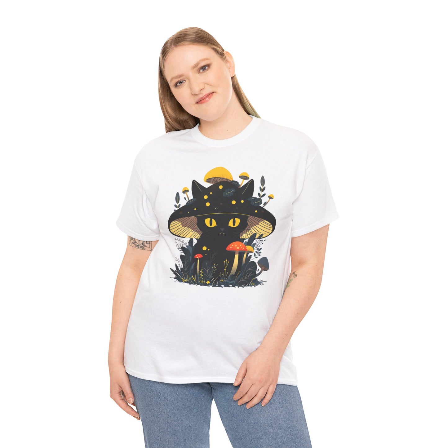 Black Cat Mushroom T-Shirt - Cottagecore Graphic Tee for Cat Lovers