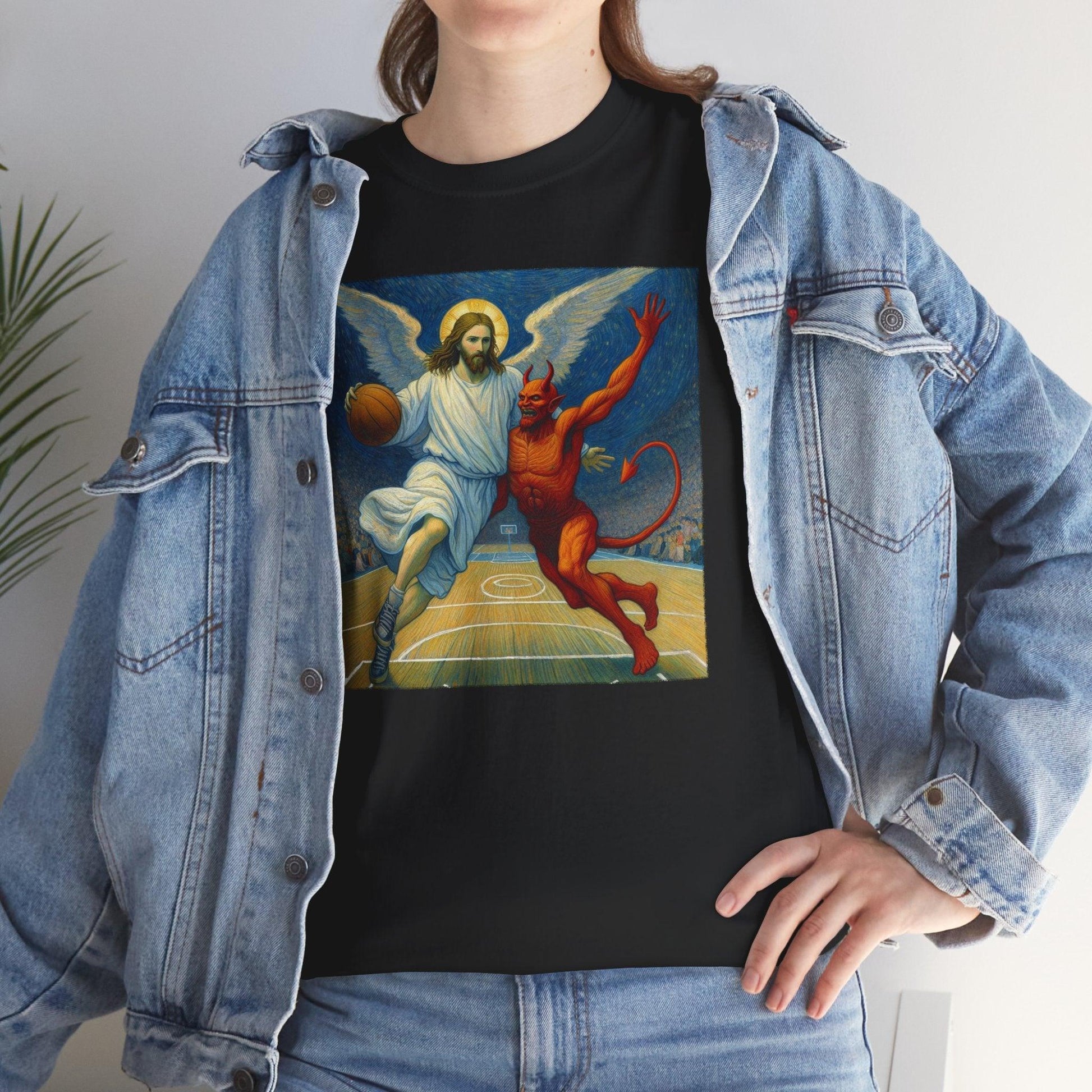 Jesus Vs Satan Basketball T-Shirt | Faith-Inspired Sports Graphic Tee - Stylfer