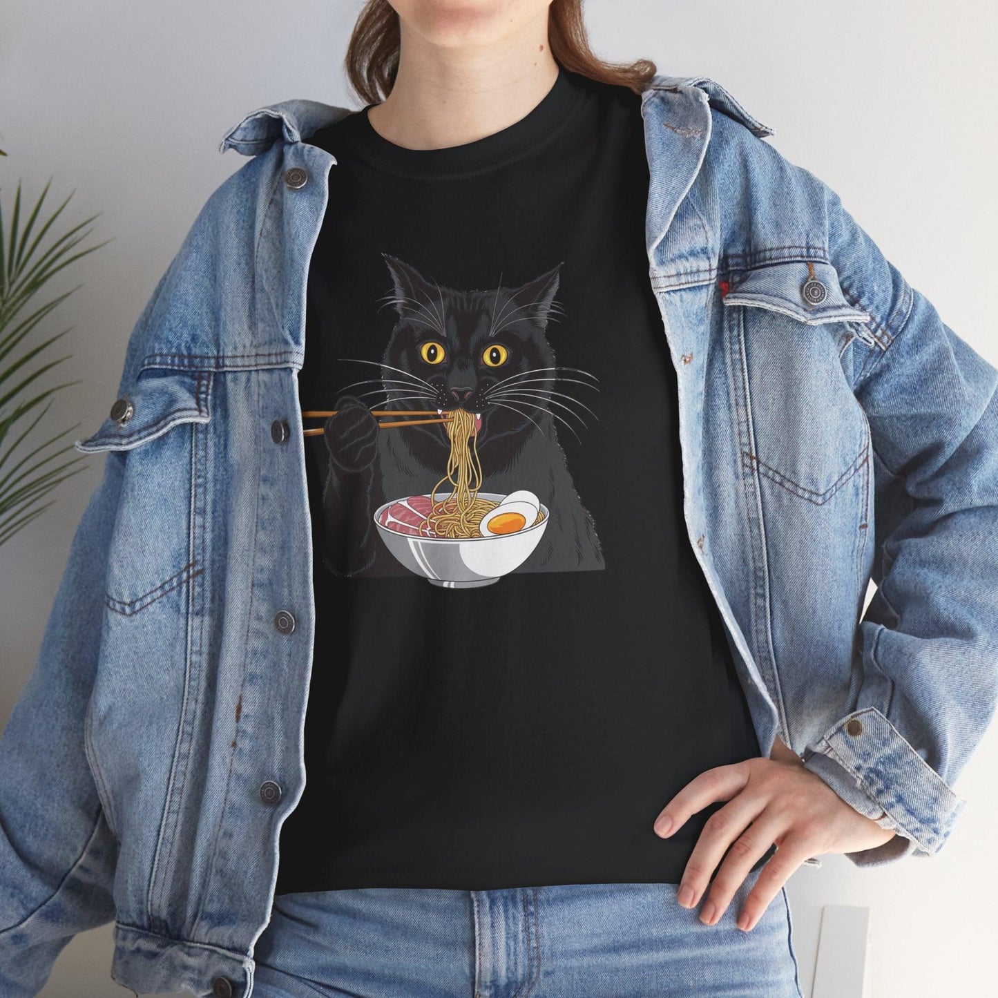 Funny Black Cat Eating Ramen T-Shirt – Cute Kawaii Japanese Tee - Stylfer