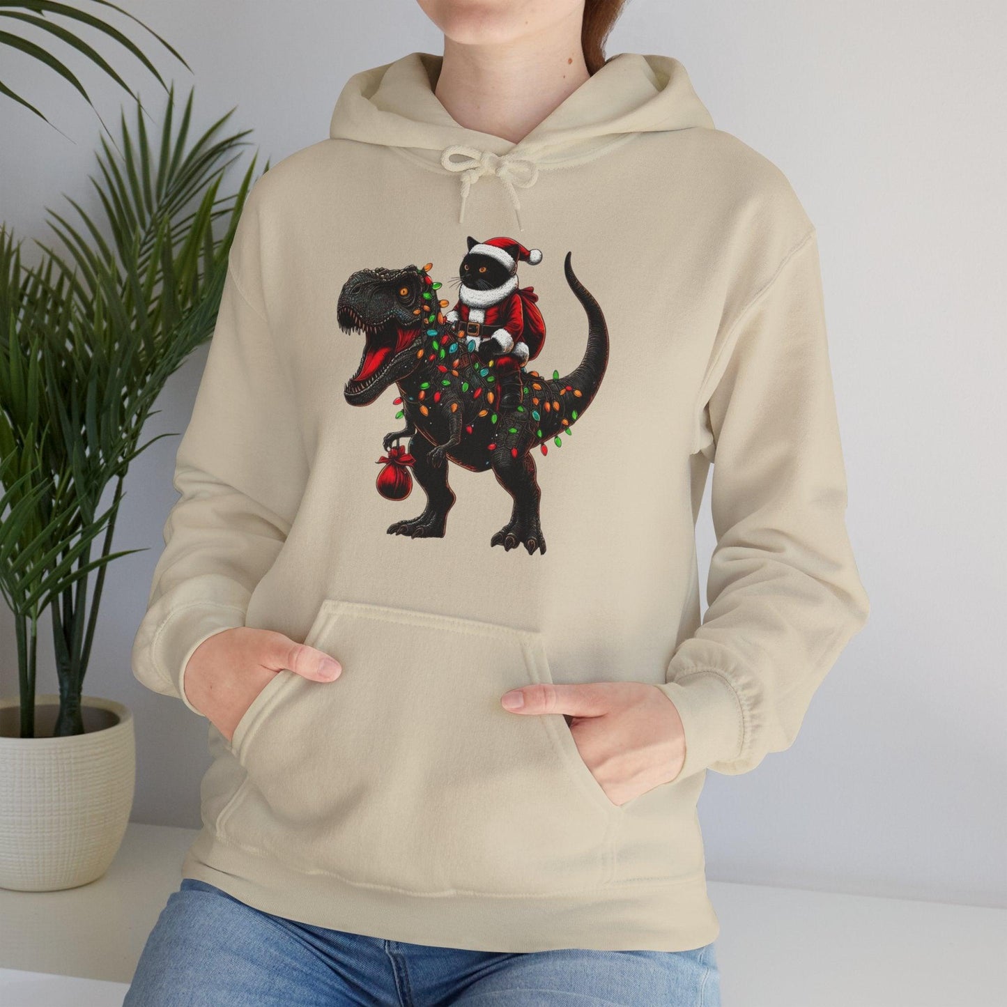 Black Cat Santa T-Rex Hoodie | Funny Christmas Dinosaur Sweatshirt - Stylfer