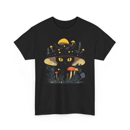 a black T-shirt with a whimsical design of a black cat wearing a mushroom cap surrounded by colorful fungi. Perfect for cat lovers, cottagecore enthusiasts, and anyone seeking a unique, aesthetic shirt.