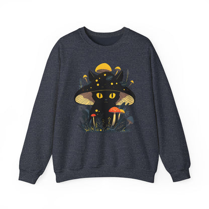 Black Cat Mushroom Sweatshirt - Cozy Cottagecore Cat Mom Top