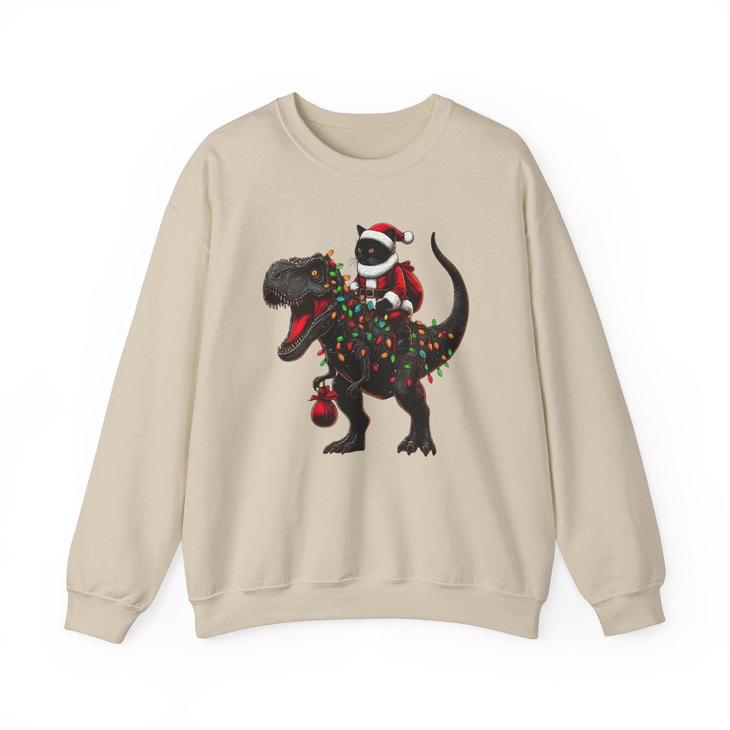 Black Cat Santa T-Rex Sweatshirt | Funny Christmas Dinosaur Sweater - Stylfer