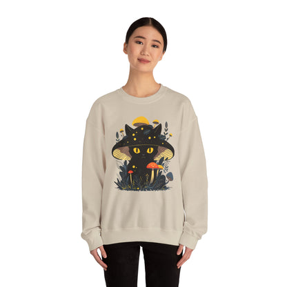 Black Cat Mushroom Sweatshirt - Cozy Cottagecore Cat Mom Top