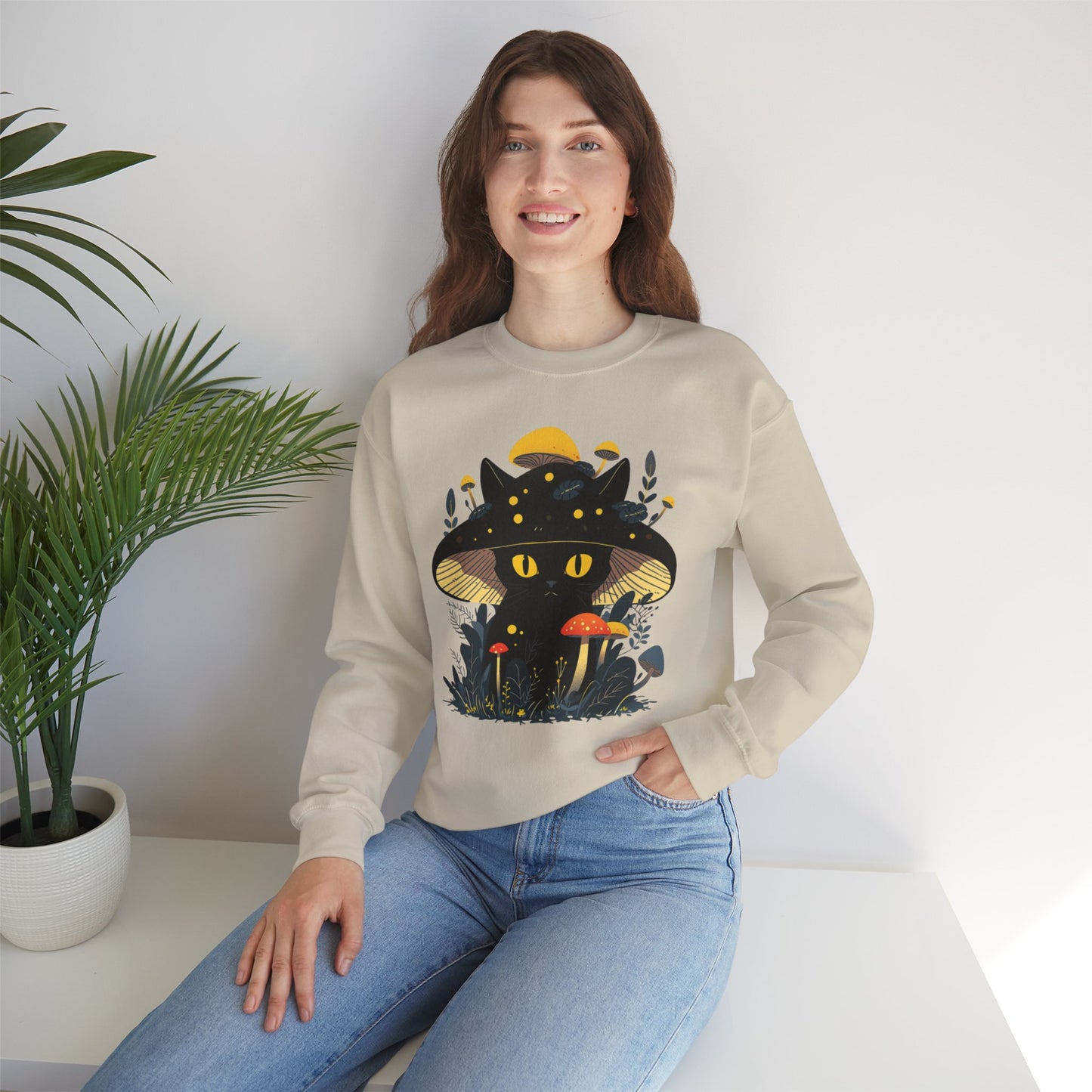 Black Cat Mushroom Sweatshirt - Cozy Cottagecore Cat Mom Top