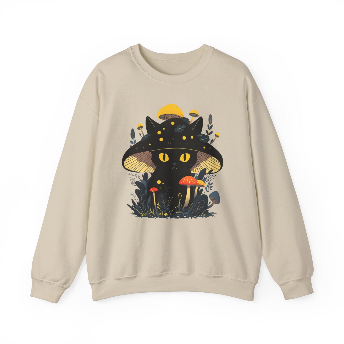 a warm Sand sweatshirt showcasing a black cat under a mushroom cap surrounded by vibrant plants and fungi. A cozy option for cottagecore fans, cat lovers, and those who enjoy nature-inspired designs