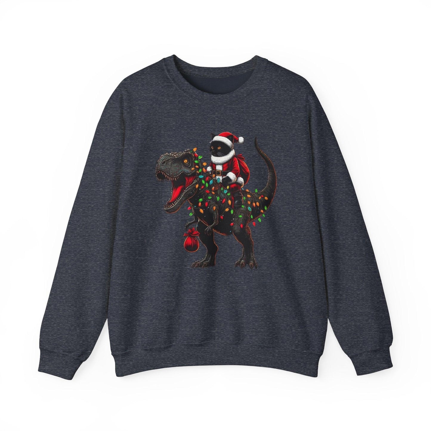 Black Cat Santa T-Rex Sweatshirt | Funny Christmas Dinosaur Sweater - Stylfer