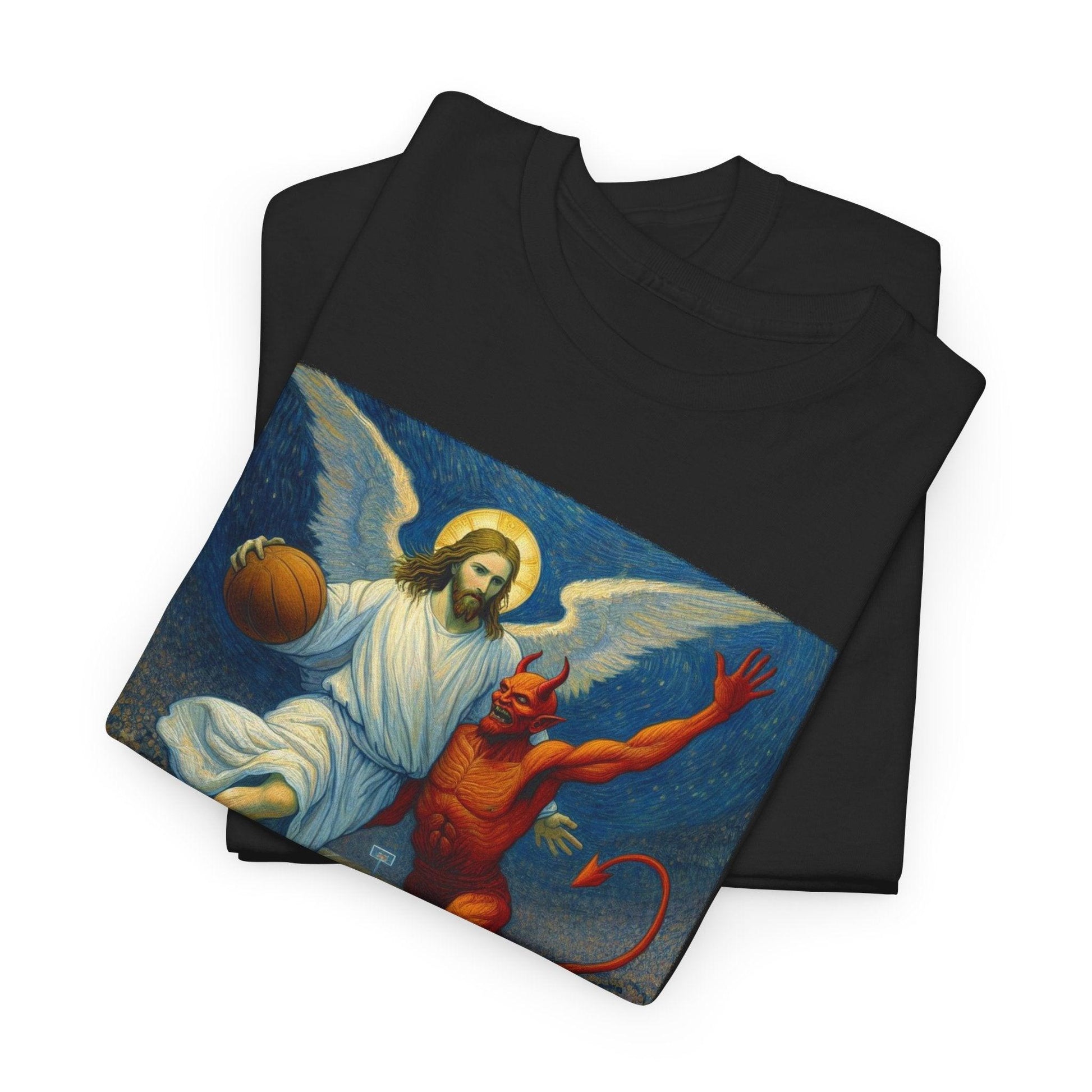 Jesus Vs Satan Basketball T-Shirt | Faith-Inspired Sports Graphic Tee - Stylfer