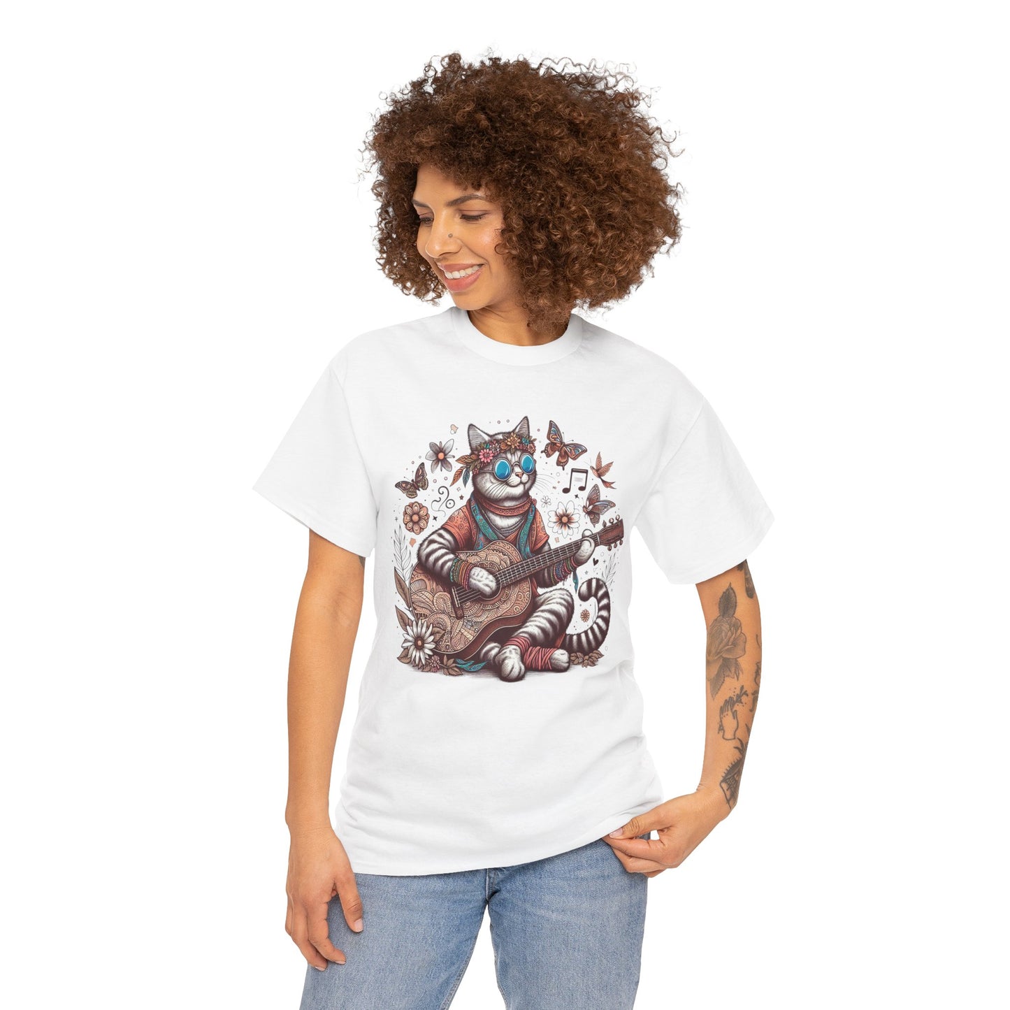 Hippie Cat Playing Guitar T-Shirt – Fun Graphic Tee for Music & Cat Lovers