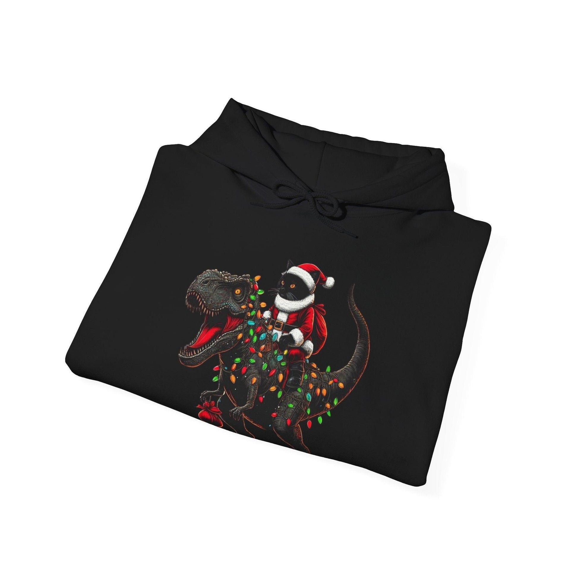 Black Cat Santa T-Rex Hoodie | Funny Christmas Dinosaur Sweatshirt - Stylfer