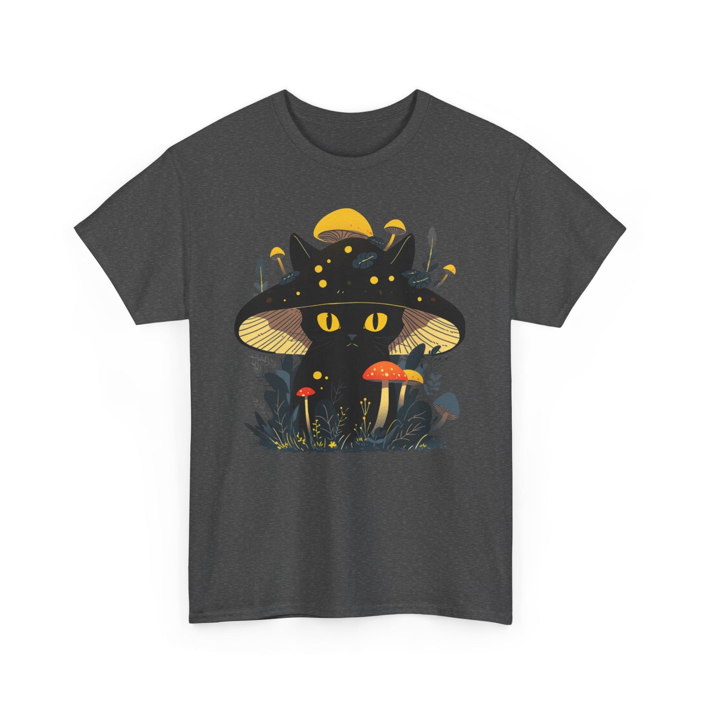 Black Cat Mushroom T-Shirt - Cottagecore Graphic Tee for Cat Lovers