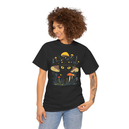 Black Cat Mushroom T-Shirt - Cottagecore Graphic Tee for Cat Lovers