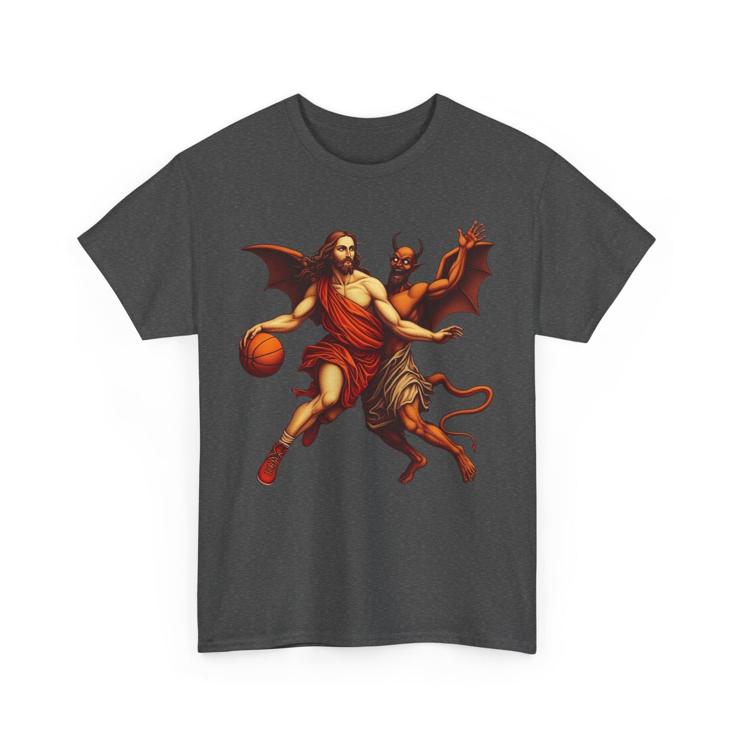 Jesus vs Devil Basketball T-Shirt – Funny Graphic Tee for Basketball Fans