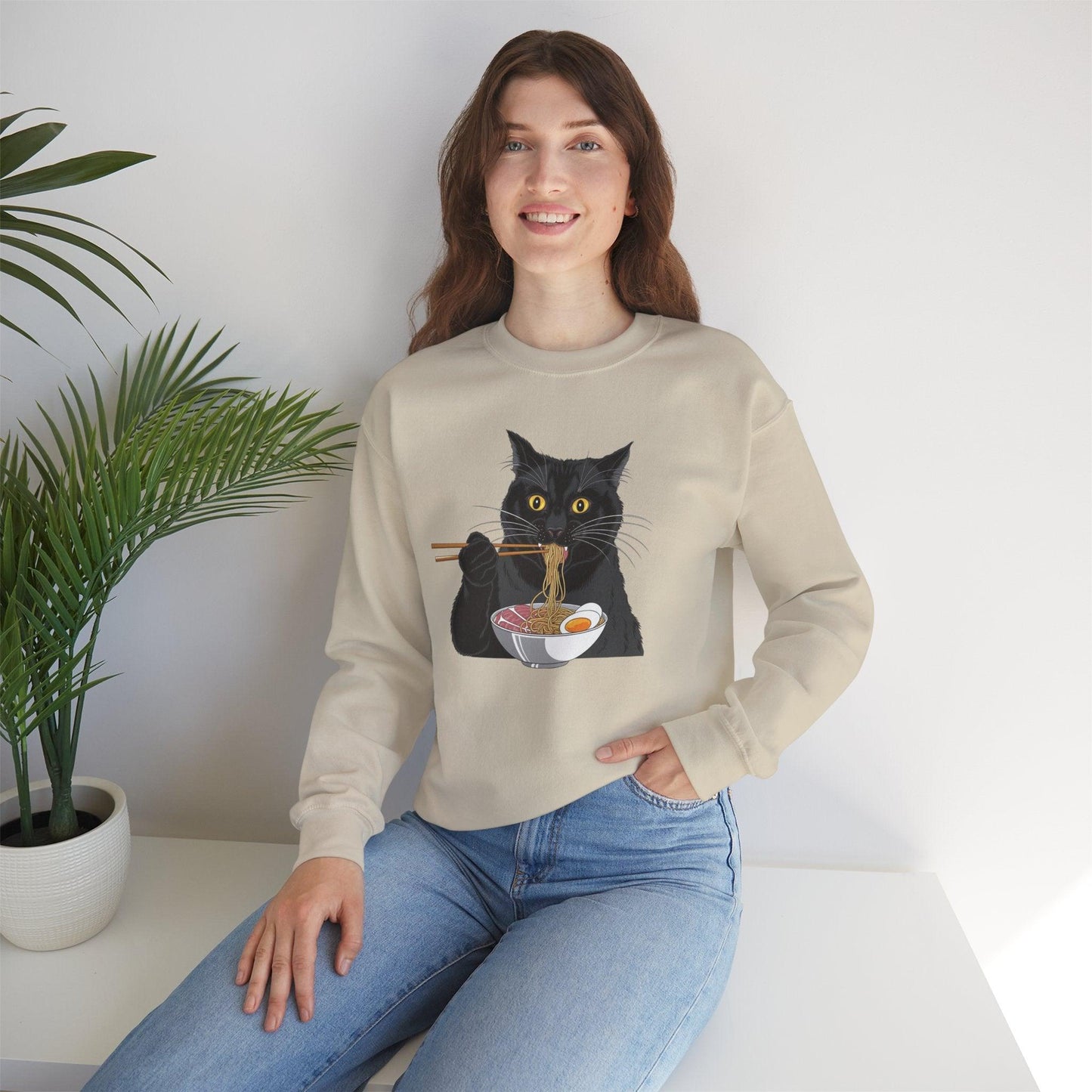 Black Cat Eating Ramen Sweatshirt – Cute Kawaii Japanese Style - Stylfer