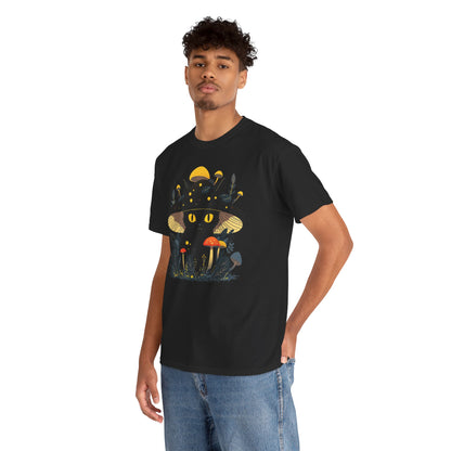 Black Cat Mushroom T-Shirt - Cottagecore Graphic Tee for Cat Lovers