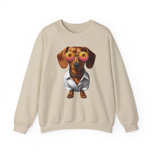 a Sand sweatshirt featuring a playful Dachshund design. The graphic highlights a stylish sausage dog with sunglasses and a shirt, combining humor and warmth for dog moms, dog dads, and weiner dog fans.