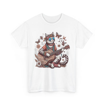 Hippie Cat Playing Guitar T-Shirt – Fun Graphic Tee for Music & Cat Lovers