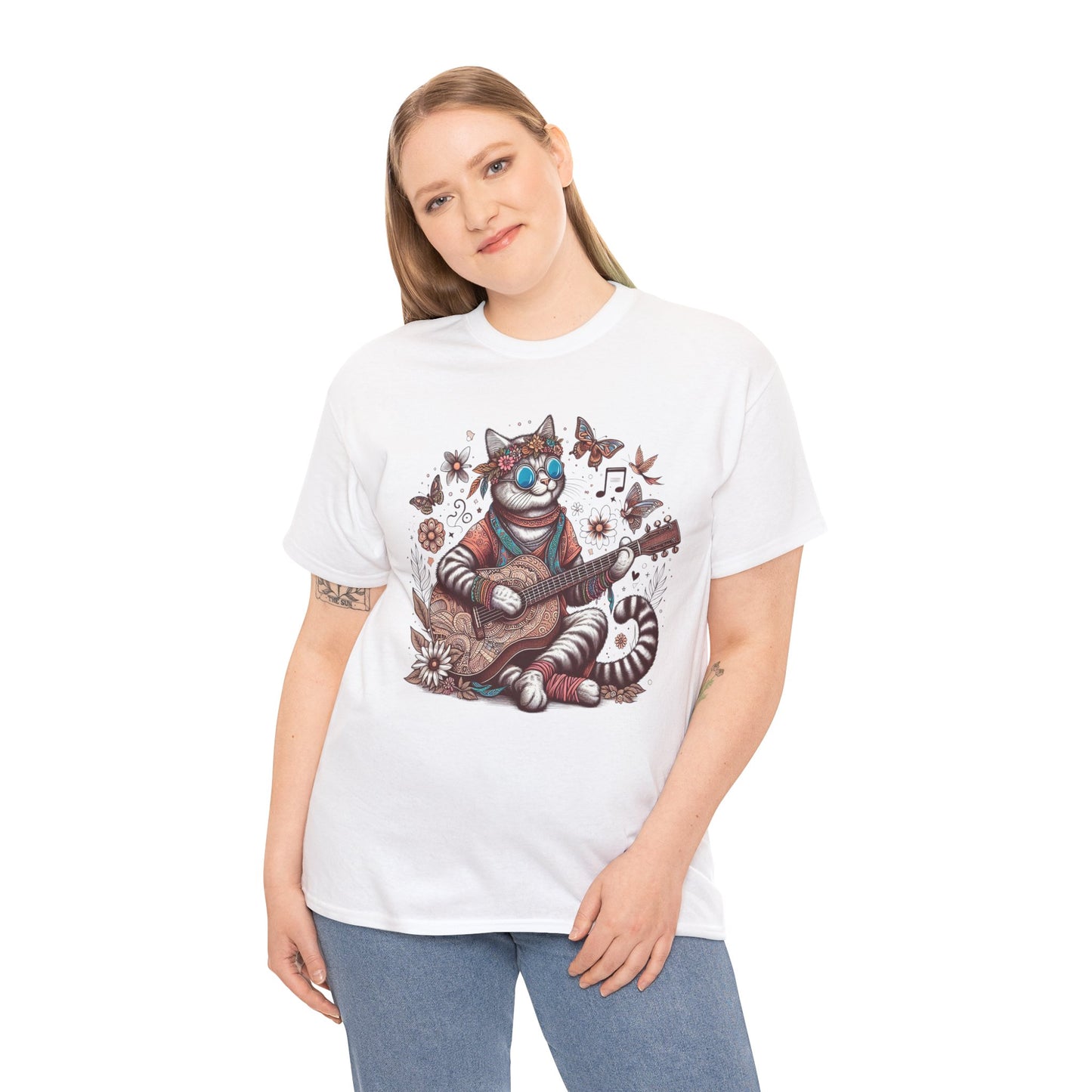 Hippie Cat Playing Guitar T-Shirt – Fun Graphic Tee for Music & Cat Lovers