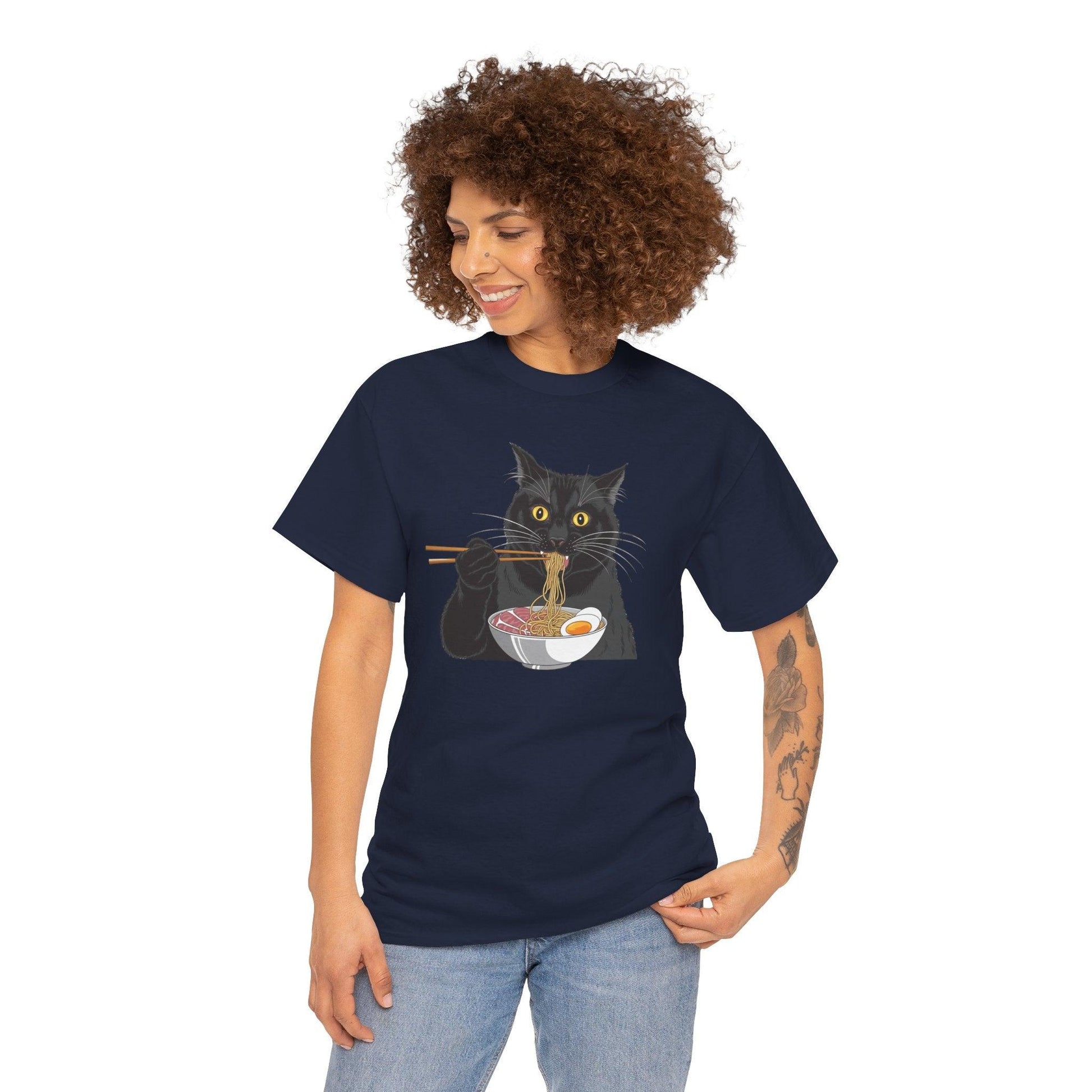 Funny Black Cat Eating Ramen T-Shirt – Cute Kawaii Japanese Tee - Stylfer