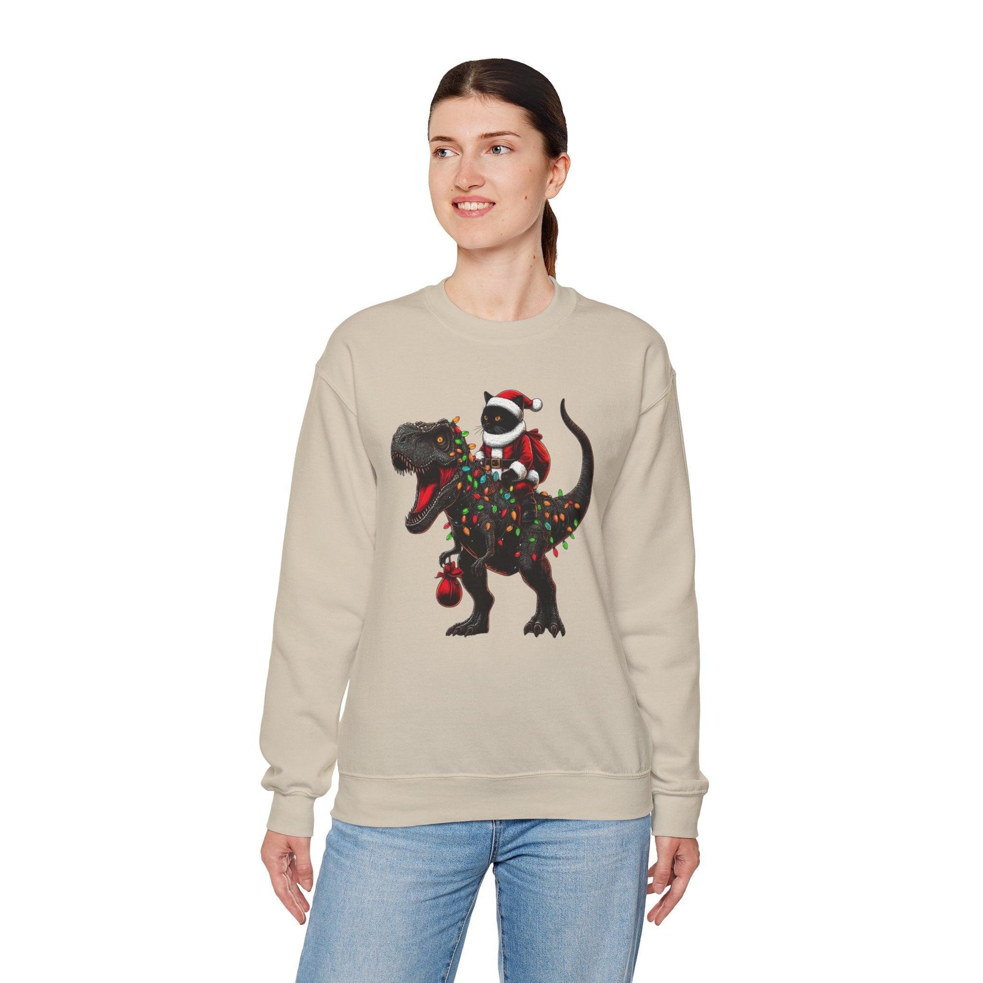 Black Cat Santa T-Rex Sweatshirt | Funny Christmas Dinosaur Sweater - Stylfer