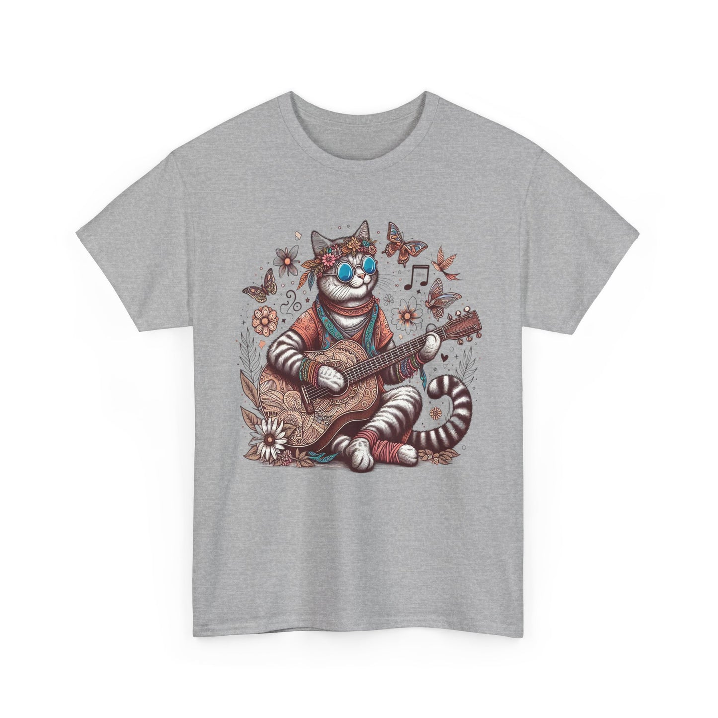 Hippie Cat Playing Guitar T-Shirt – Fun Graphic Tee for Music & Cat Lovers