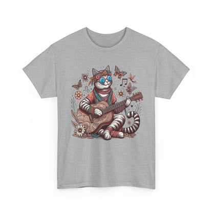 Hippie Cat Playing Guitar T-Shirt – Fun Graphic Tee for Music & Cat Lovers