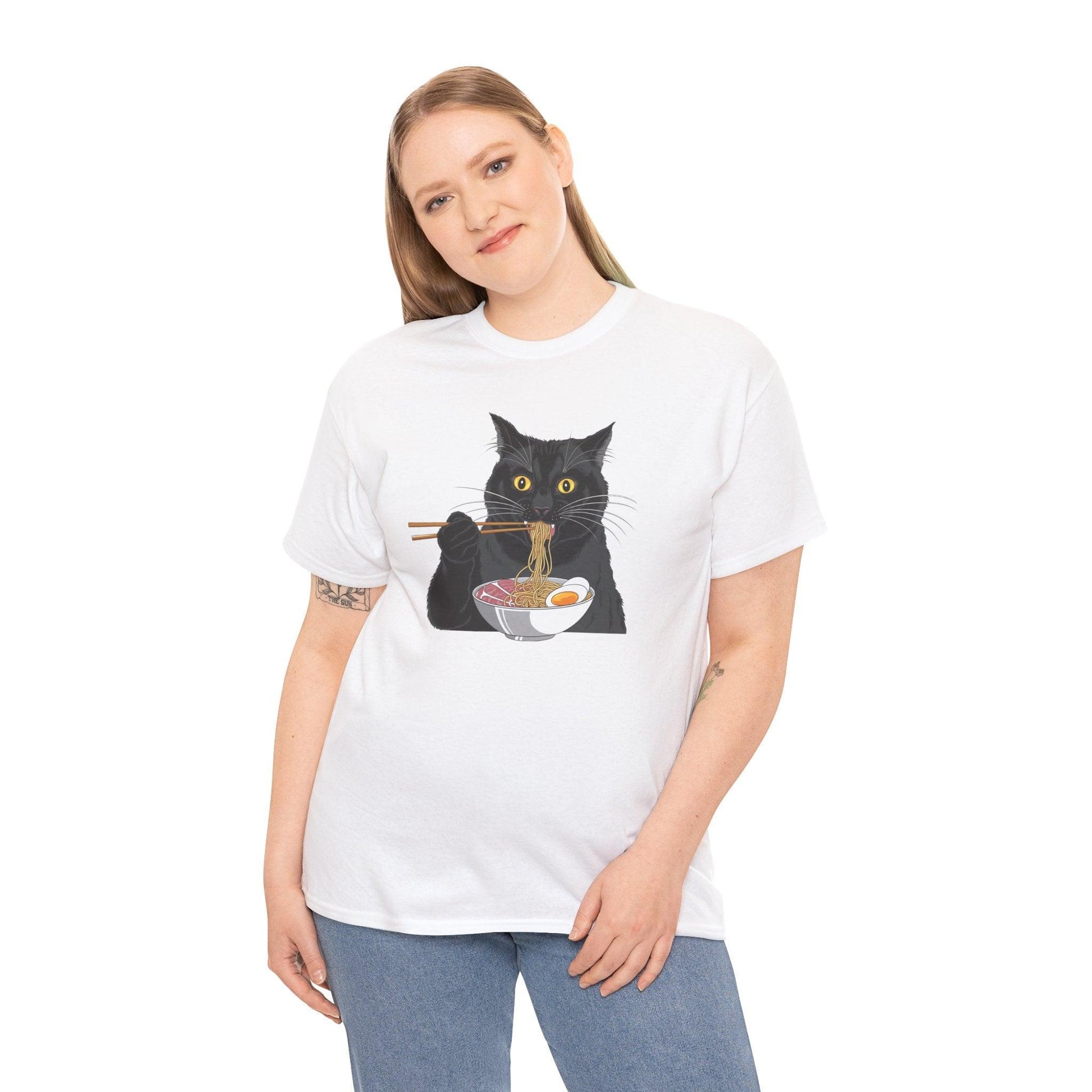 Funny Black Cat Eating Ramen T-Shirt – Cute Kawaii Japanese Tee - Stylfer